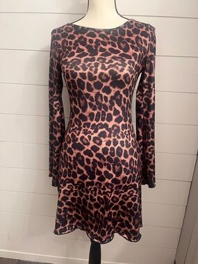 Long-Sleeve Leopard Print Fit-and-Flare Dress in Brown and Black